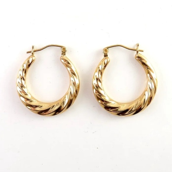 14K Pure Gold Twisted Oval Hoop Earrings - Picture 1 of 6
